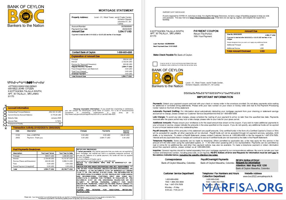 Printable Sri Lanka Bank of Ceylon mortgage statement in Word and PDF formats 1 2 template